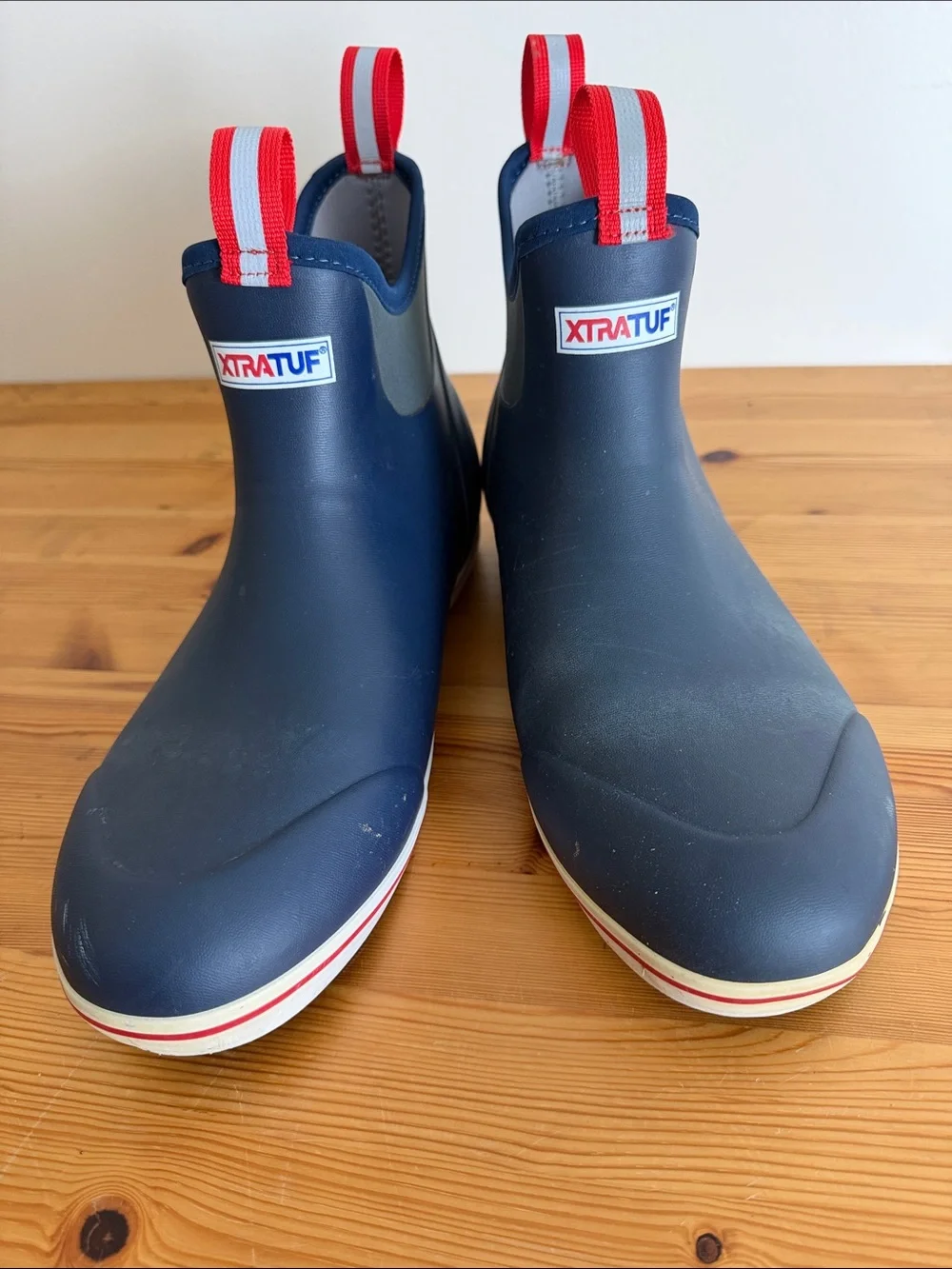 Mens Navy Blue Slip-On Rain Boots with Red Trim